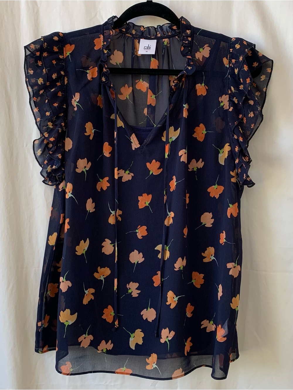CAbi Navy Floral Tie-Neck Ruffle Sleeve Blouse - Size Medium